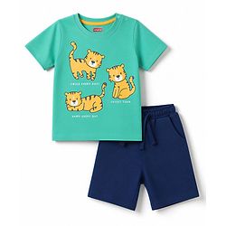 Babyhug Single Jersey Knit Half Sleeves Cub Printed T-Shirt & Shorts Set - Mint