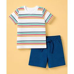 Babyhug 100% Cotton Single Jersey Knit Short & T-Shirt with Half Sleeves and Stripes Print - White, Blue