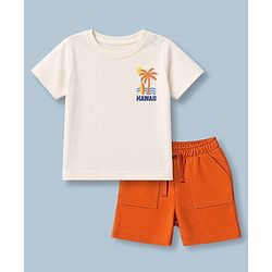 Babyhug 100% Cotton Single Jersey Knit Half Sleeves T-Shirt and Shorts with Palm Tree Print - White