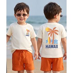 Babyhug 100% Cotton Single Jersey Knit Half Sleeves T-Shirt and Shorts with Palm Tree Print - White