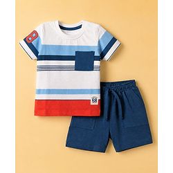 Babyhug 100% Cotton Single Jersey Knit Half Sleeves T-Shirt and Shorts with Stripes and 68 Text Print - White