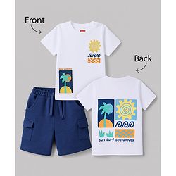 Babyhug 100% Cotton Knit Half Sleeves Beach Theme Printed T-Shirt & Shorts Set -White & Blue