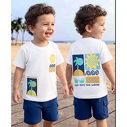 Babyhug 100% Cotton Knit Half Sleeves Beach Theme Printed T-Shirt & Shorts Set -White & Blue