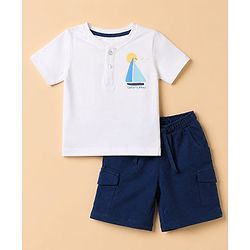 Babyhug 100% Cotton Single Jersey Knit Half Sleeves T-Shirt With Boat Print & Shorts Set - White & Blue