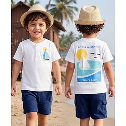 Babyhug 100% Cotton Single Jersey Knit Half Sleeves T-Shirt With Boat Print & Shorts Set - White & Blue