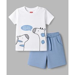 Babyhug Single Jersey Knit Half Sleeves Giraffe Printed T-Shirt & Shorts Set - White