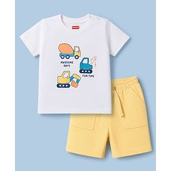 Babyhug 100% Cotton Single Jersey Knit Half Sleeves JCB Printed T-Shirt & Shorts Set - White