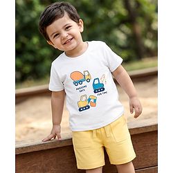 Babyhug 100% Cotton Single Jersey Knit Half Sleeves JCB Printed T-Shirt & Shorts Set - White