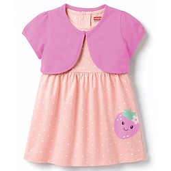 Babyhug Knit Half Sleeves Shrug With Strawberry Printed Frock - Pink