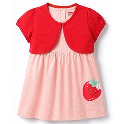 Babyhug Knit Half Sleeves Shrug With Strawberry Printed Frock - Pink