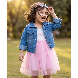 Babyhug Cotton Knit Frock with Full Sleeves Jacket Text Print - Pink