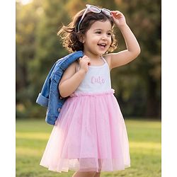 Babyhug Cotton Knit Frock with Full Sleeves Jacket Text Print - Pink