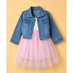 Babyhug Cotton Knit Frock with Full Sleeves Jacket Text Print - Pink
