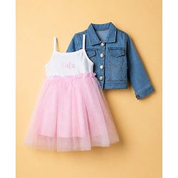 Babyhug Cotton Knit Frock with Full Sleeves Jacket Text Print - Pink