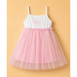 Babyhug Cotton Knit Frock with Full Sleeves Jacket Text Print - Pink