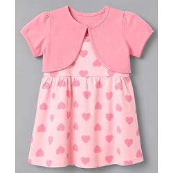 Babyhug Cotton Knit Half Sleeves Heart Printed Frock with Shrug - Pink