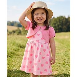 Babyhug Cotton Knit Half Sleeves Heart Printed Frock with Shrug - Pink