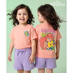 Babyhug Disney Single Jersey Knit Half Sleeve T-Shirt & Shorts With Disney Princess Front And Back Graphic - Pink & Lavender