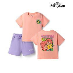 Babyhug Disney Single Jersey Knit Half Sleeve T-Shirt & Shorts With Disney Princess Front And Back Graphic - Pink & Lavender