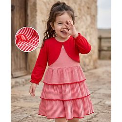 Babyhug Single Jersey Knit Full Sleeves Striped Frock with Shrug - Red