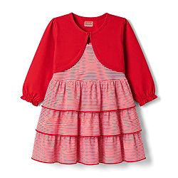 Babyhug Single Jersey Knit Full Sleeves Striped Frock with Shrug - Red