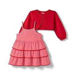 Babyhug Single Jersey Knit Full Sleeves Striped Frock with Shrug - Red