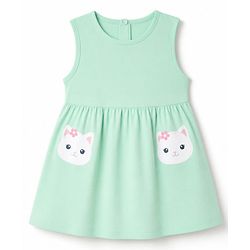 Babyhug Single Jersey Knit Half Sleeves Cat Printed Frock With Shrug - Green