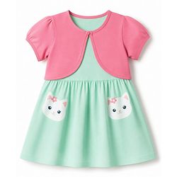 Babyhug Single Jersey Knit Half Sleeves Cat Printed Frock With Shrug - Green