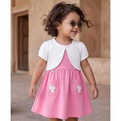Babyhug Single Jersey Knit Half Sleeves Floral Printed Frock with Shrug - Pink