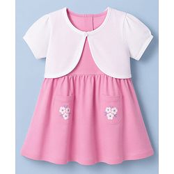 Babyhug Single Jersey Knit Half Sleeves Floral Printed Frock with Shrug - Pink