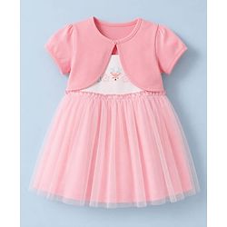 Babyhug Cotton Knit Half Sleeves Frock with Shrug & Deer Floral Print - Pink