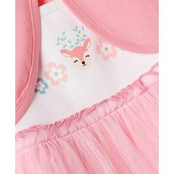 Babyhug Cotton Knit Half Sleeves Frock with Shrug & Deer Floral Print - Pink
