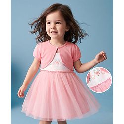 Babyhug Cotton Knit Half Sleeves Frock with Shrug & Deer Floral Print - Pink