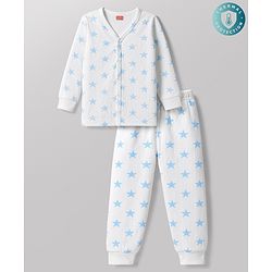 Babyhug Knit Full Sleeves Front Open Thermal Inner Wear Set with Star Print - White
