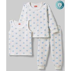 Babyhug Knit Full Sleeves Star Printed Thermal Wear Set with Vest - Off White