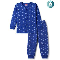 Babyhug Knit Full Sleeves Front Open Snow Flakes Printed Co-Ords Thermal Inner Wear Set - Blue