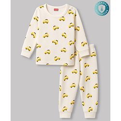 Babyhug Knit Full Sleeves Car Printed Thermal Wear Set - Off Whte