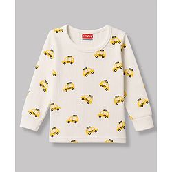 Babyhug Knit Full Sleeves Car Printed Thermal Wear Set - Off Whte