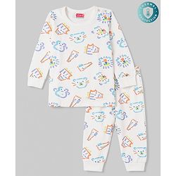 Babyhug Knit Full Sleeves Animal Printed Thermal Wear Set - OffWhite