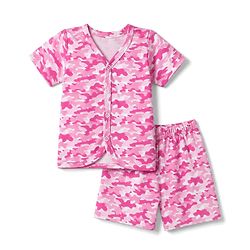 Babyhug 100% Cotton Single Jersey Knit Half Sleeves Co-Ords Camouflage Printed Top & Shorts Set - Pink