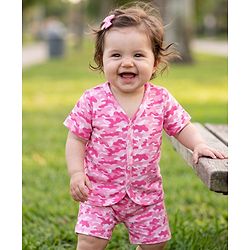 Babyhug 100% Cotton Single Jersey Knit Half Sleeves Co-Ords Camouflage Printed Top & Shorts Set - Pink