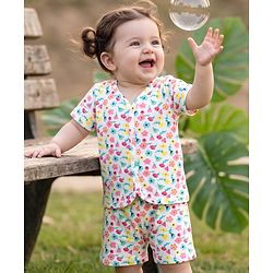 Babyhug 100% Cotton Single Jersey Knit Half Sleeves Co-Ords Floral Printed Top & Shorts Set - White