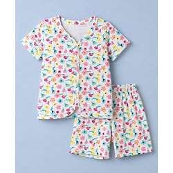 Babyhug 100% Cotton Single Jersey Knit Half Sleeves Co-Ords Floral Printed Top & Shorts Set - White