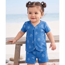 Babyhug 100% Cotton Single Jersey Knit Half Sleeves Co-Ords Star Printed Top & Shorts Set - Blue