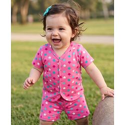 Babyhug 100% Cotton Single Jersey Knit Half Sleeves Co-Ords Star Printed Top & Shorts Set - Pink