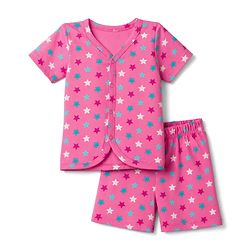 Babyhug 100% Cotton Single Jersey Knit Half Sleeves Co-Ords Star Printed Top & Shorts Set - Pink