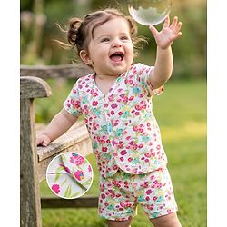Babyhug 100% Cotton Single Jersey Knit Half Sleeves Floral Printed Co-Ords T-Shirt & Shorts Set - White