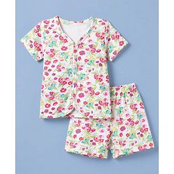 Babyhug 100% Cotton Single Jersey Knit Half Sleeves Floral Printed Co-Ords T-Shirt & Shorts Set - White
