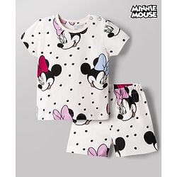 Babyhug Disney 100% Cotton Knit Half Sleeves Co-Ords T-Shirt & Shorts Night Suit With Minnie Mouse Graphic - White