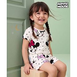 Babyhug Disney 100% Cotton Knit Half Sleeves Co-Ords T-Shirt & Shorts Night Suit With Minnie Mouse Graphic - White